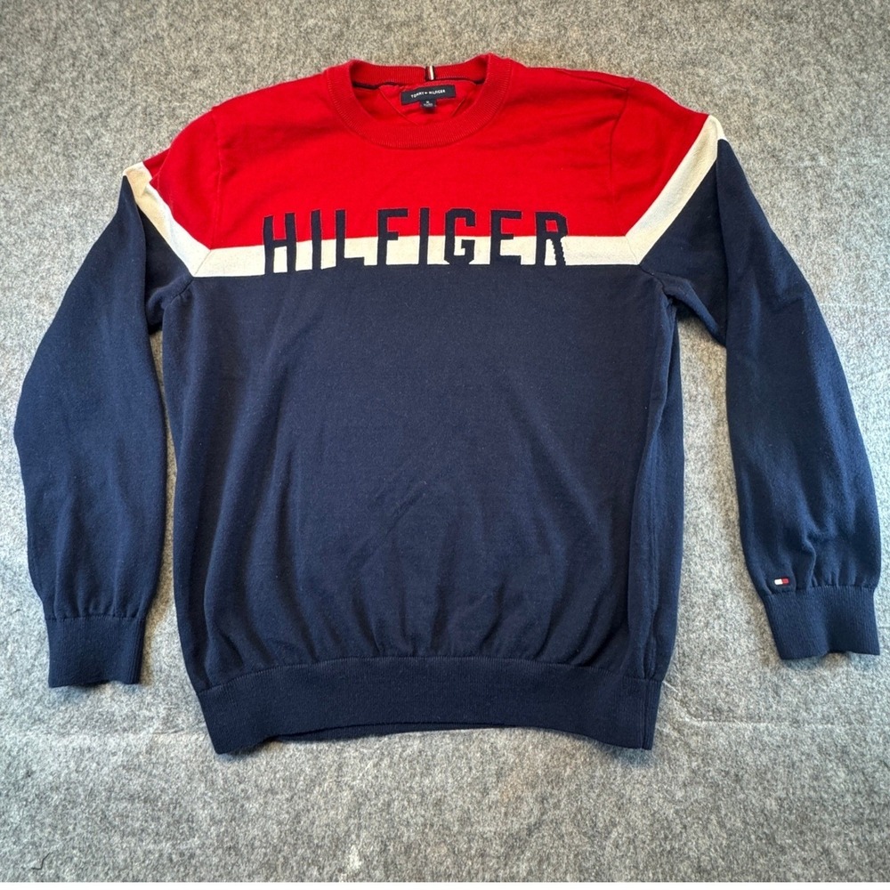 Tommy Hilfiger Mens‎ Crew Neck Sweater Red Navy White Color Block Logo XL